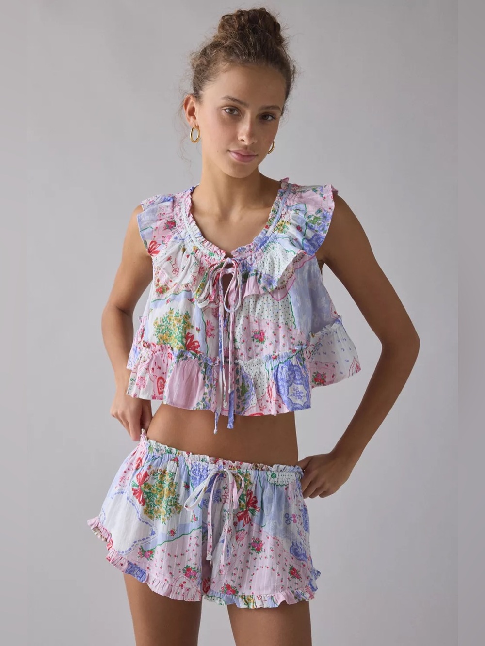 UO Out From Under Love Letters Ruffle Babydoll Top + Micro Shorts PJ Set